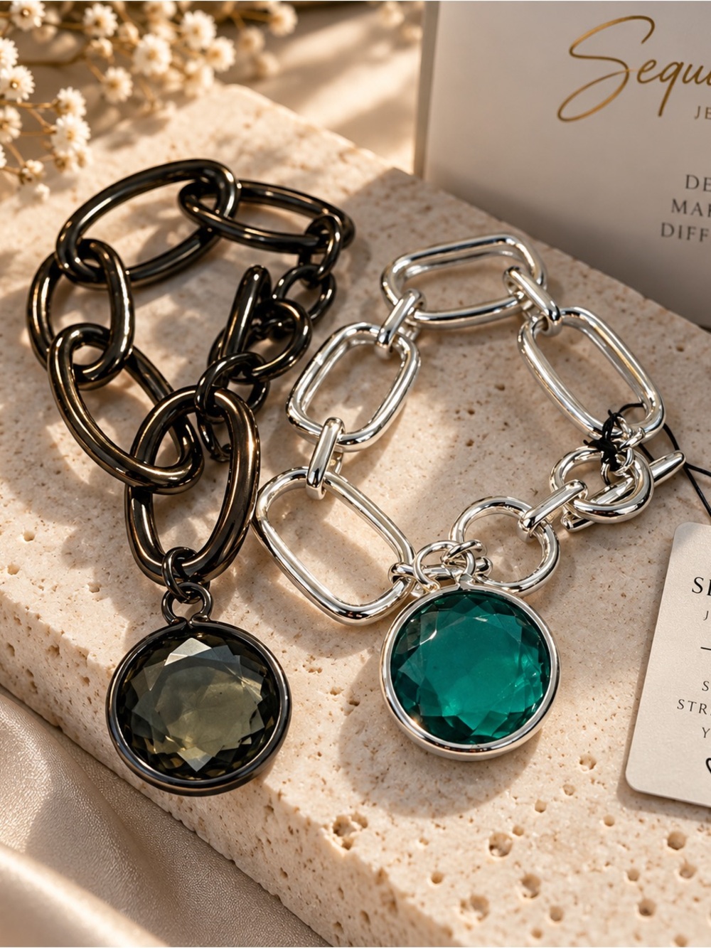 Sequin Large Link Bracelet with Faceted Gem Charm - Silver and Black